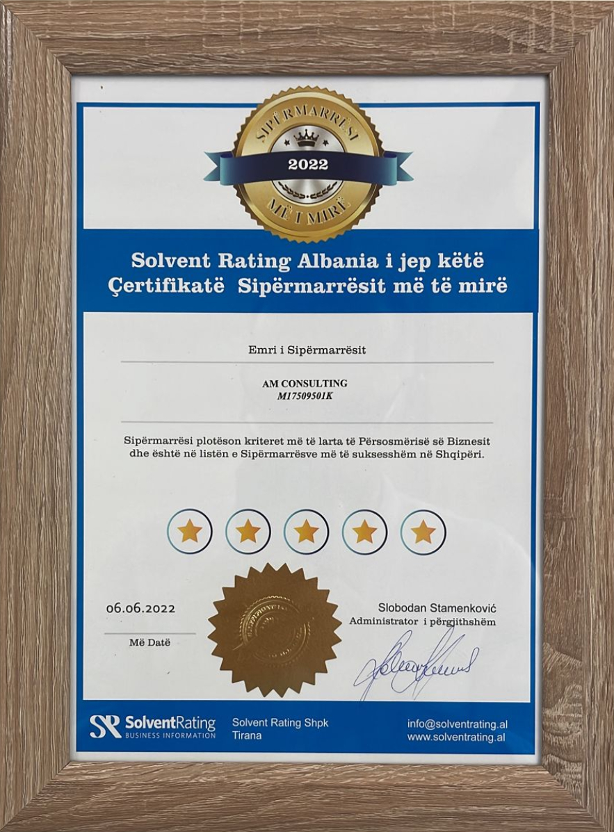 Çertifikatë "Sipërmarrësi më i mirë 2022" nga Solvent Rating Albania